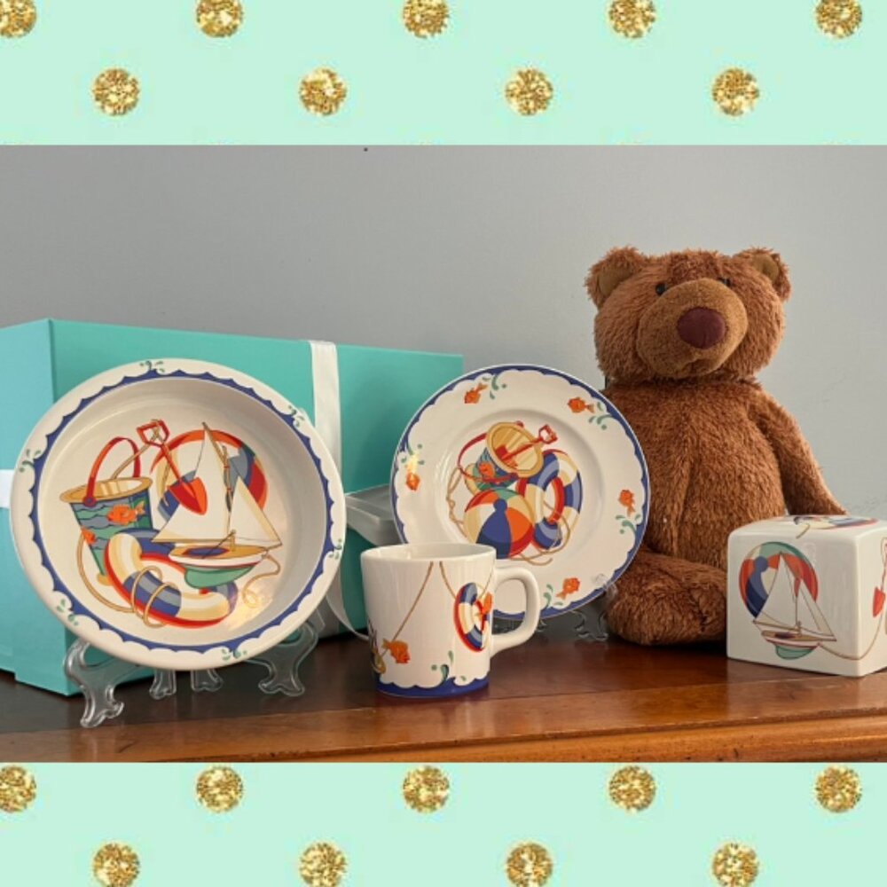 4 Piece Tiffany Baby Dish Set- EUC- Seashore Collection w/ Tiffany Box